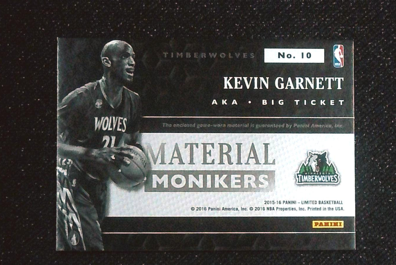2015-16 Panini Limited Material Monikers Kevin Garnett Jersey Relic /149