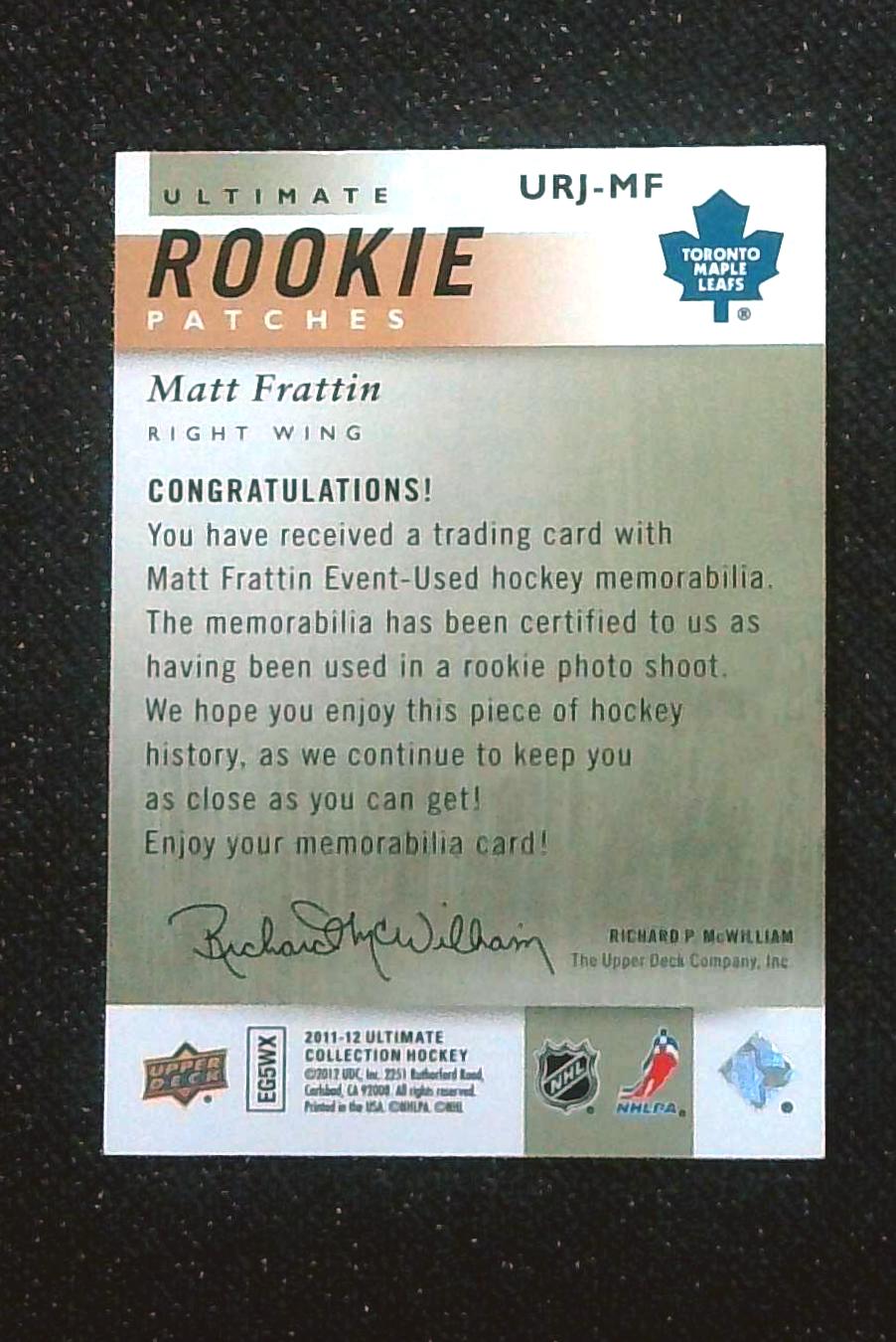 2011-12 Ultimate Collection Rookie Dual Jersey Patch Matt Frattin /65