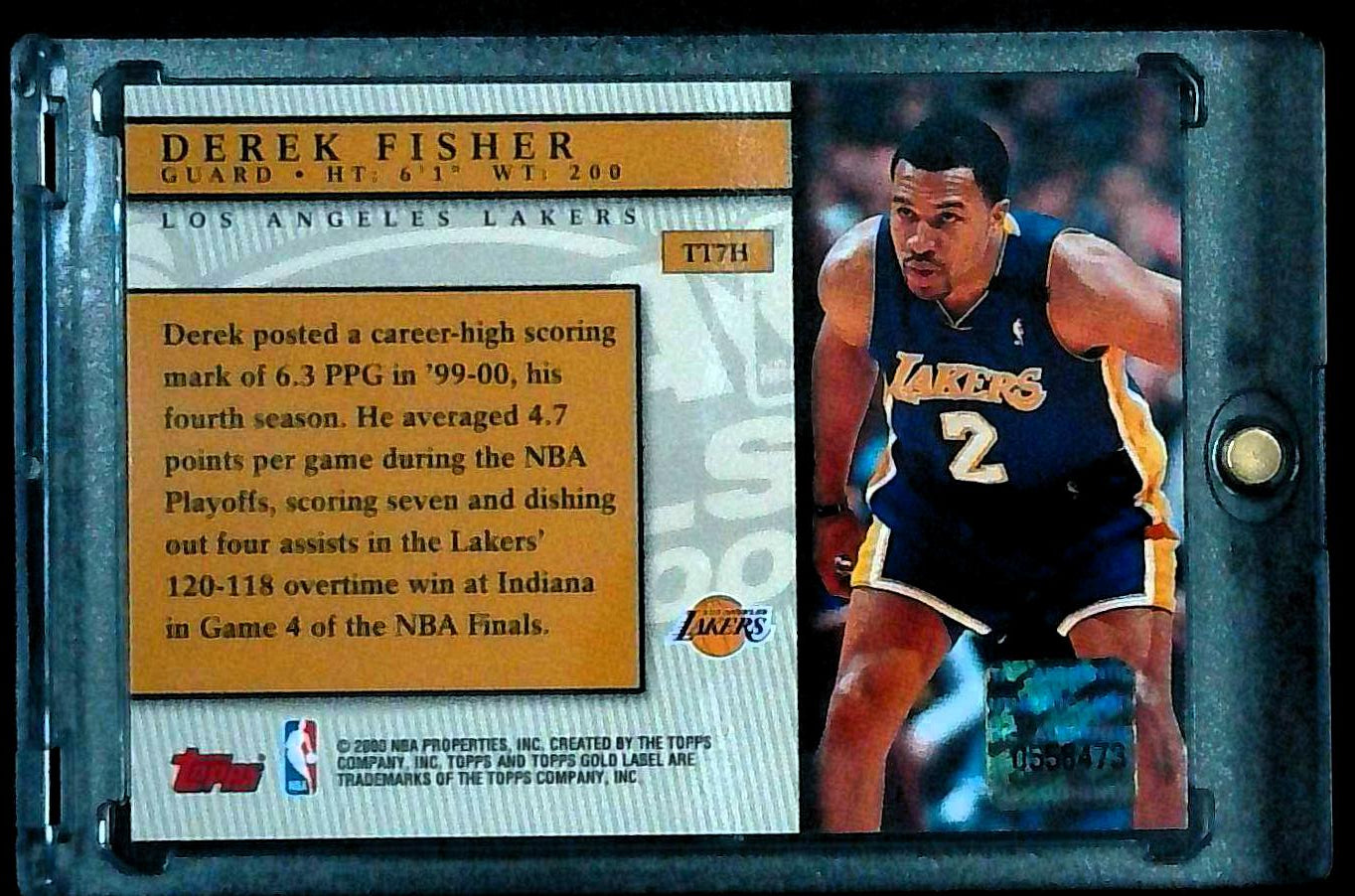 2000 Topps Gold Label Derek Fisher Game Worn NBA Finals Home Jersey LA Lakers