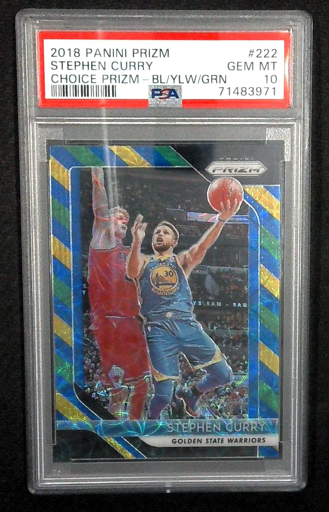 2018 Stephen Curry Panini Prizm Choice Prizm Blue Yellow Green #222 PSA 10
