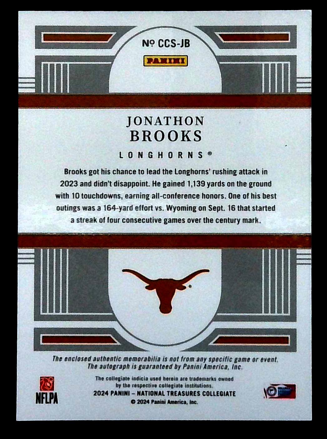 2024 Panini National Treasures Collegiate Jonathon Brooks Rookie Patch Auto /25