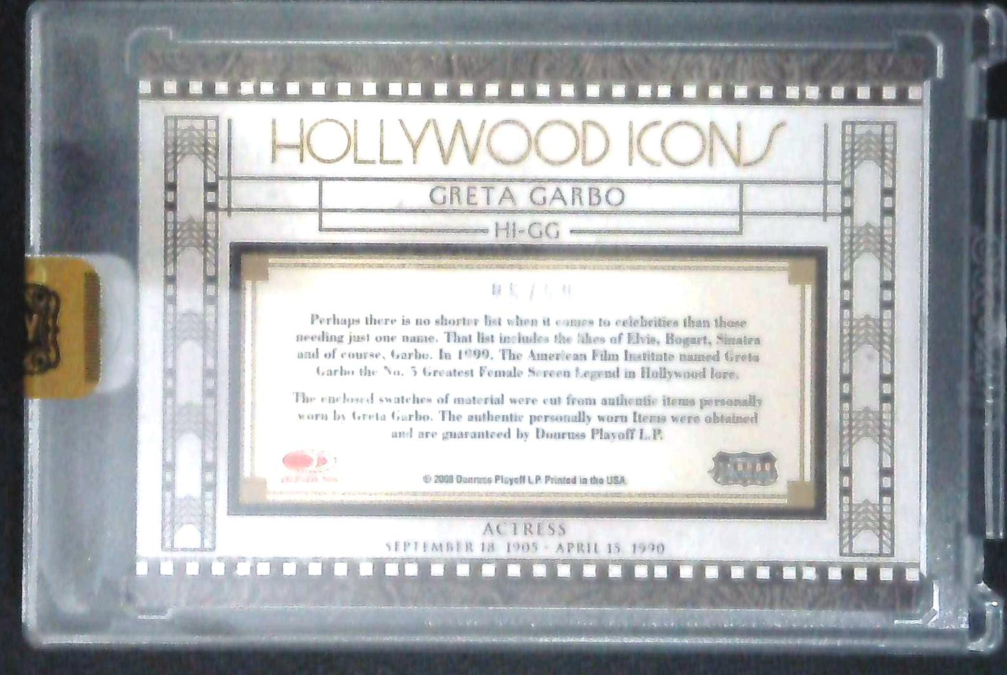 Greta Garbo 2008 Panini Americana Hollywood Icons Celebrity Cuts Dual Relic #'d /50