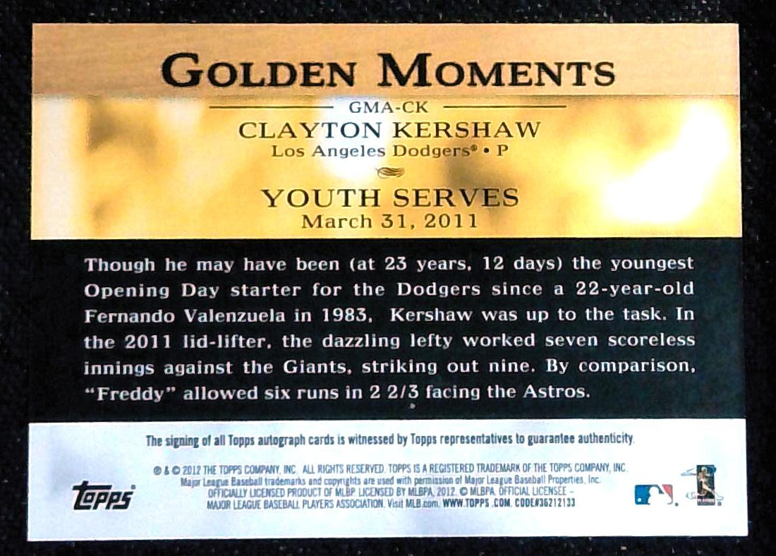 2012 Topps Clayton Kershaw Golden Moments Auto
