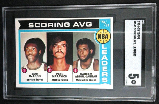 1974 Topps Basketball Bob McAdoo Pete Maravich Kareem Abdul-Jabbar #145 SGC 5