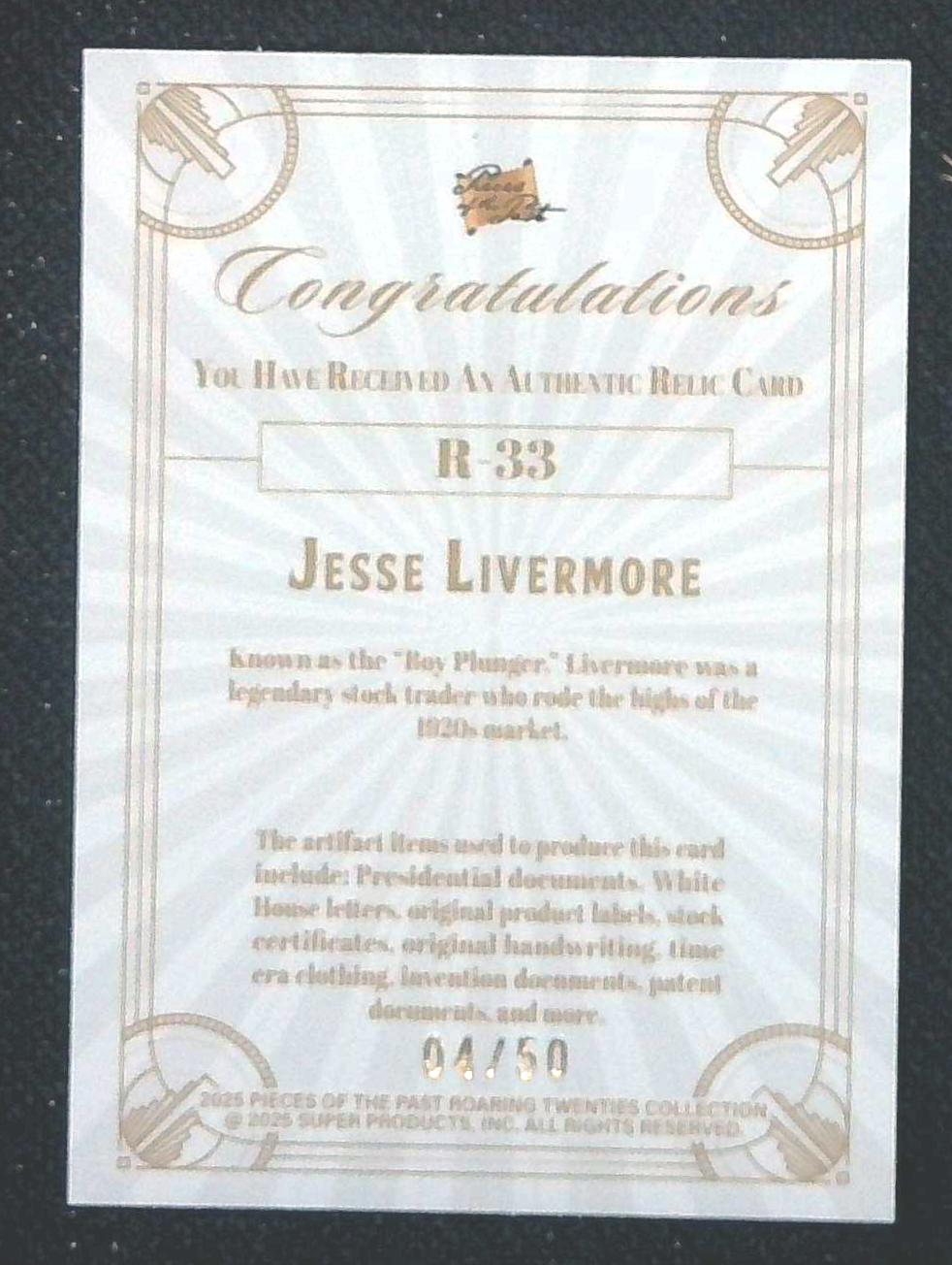 2025 Pieces of The Past Roaring 20s Jesse Livermore Relic /50 Blue #R-33