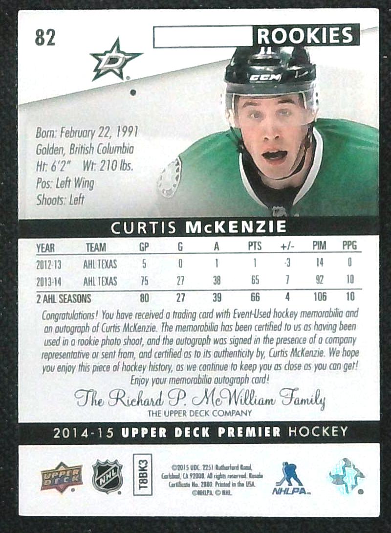2014-15 UD Premier Spectrum Silver 2/25 Curtis McKenzie #82 RPA Rookie Patch Auto