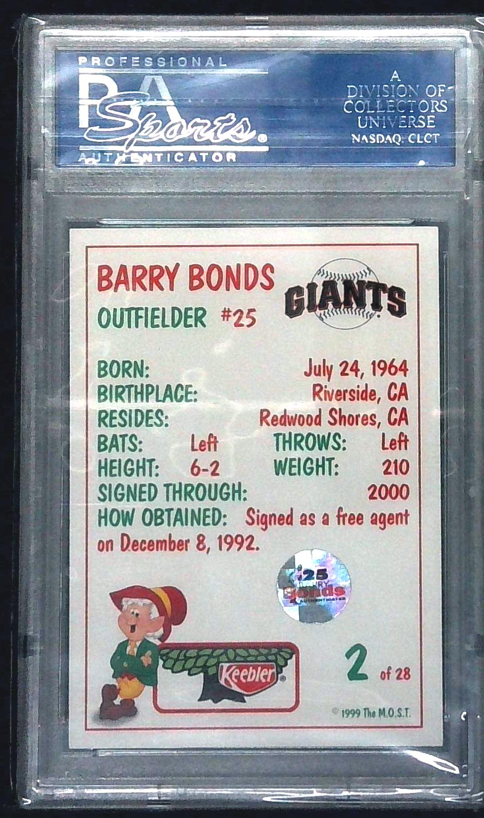 1999 Keebler Barry Bonds On Card Auto PSA