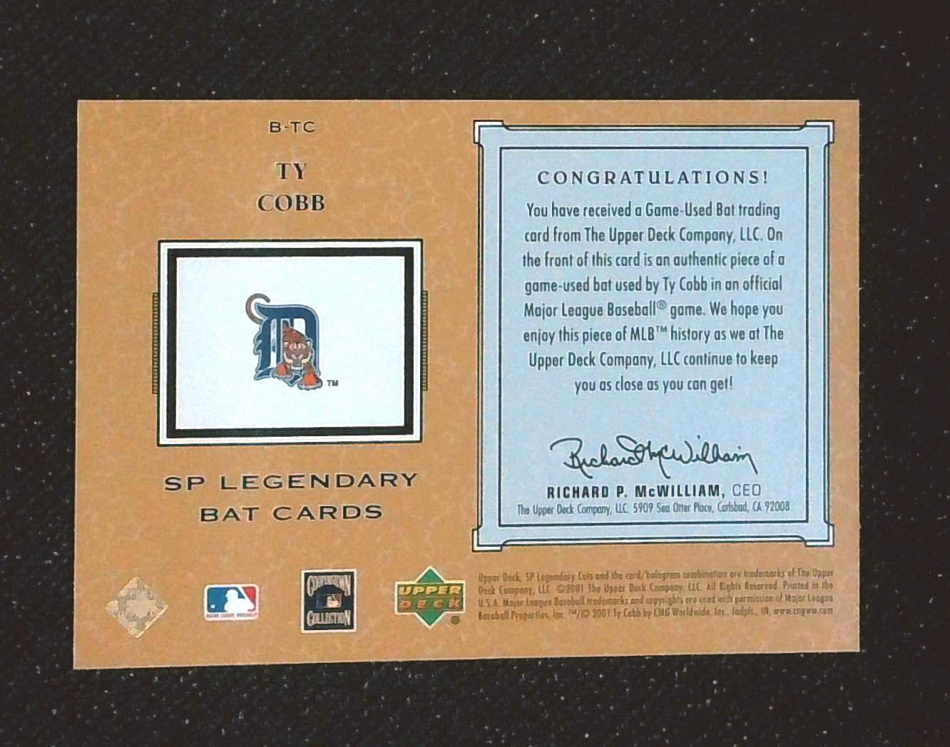 2001 SP Legendary Bat Cards Ty Cobb Game Used Bat Relic