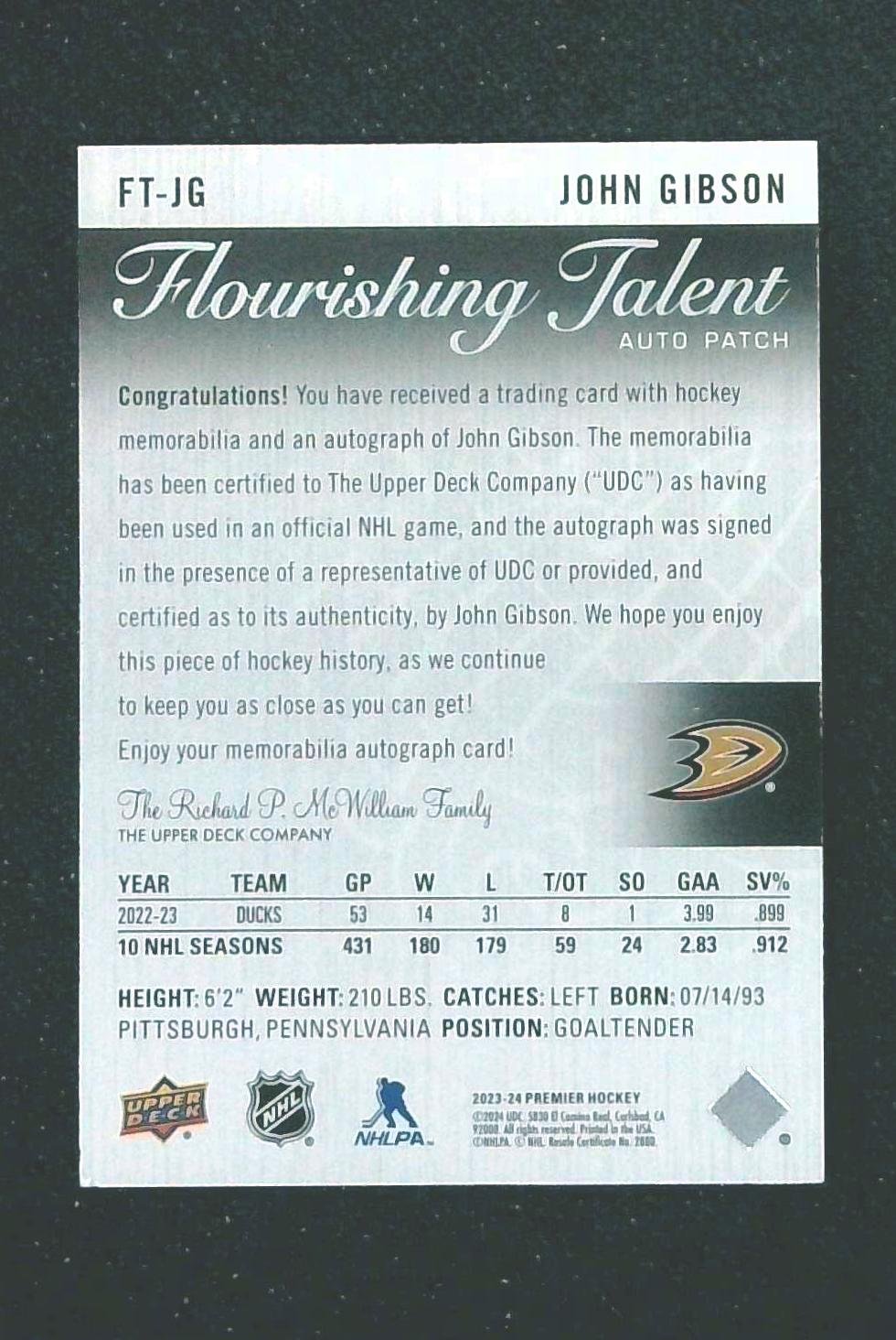 2024 UD PREMIER JOHN GIBSON 2023-24 UPDATE FLOURISHING TALENT AUTO PATCH /99