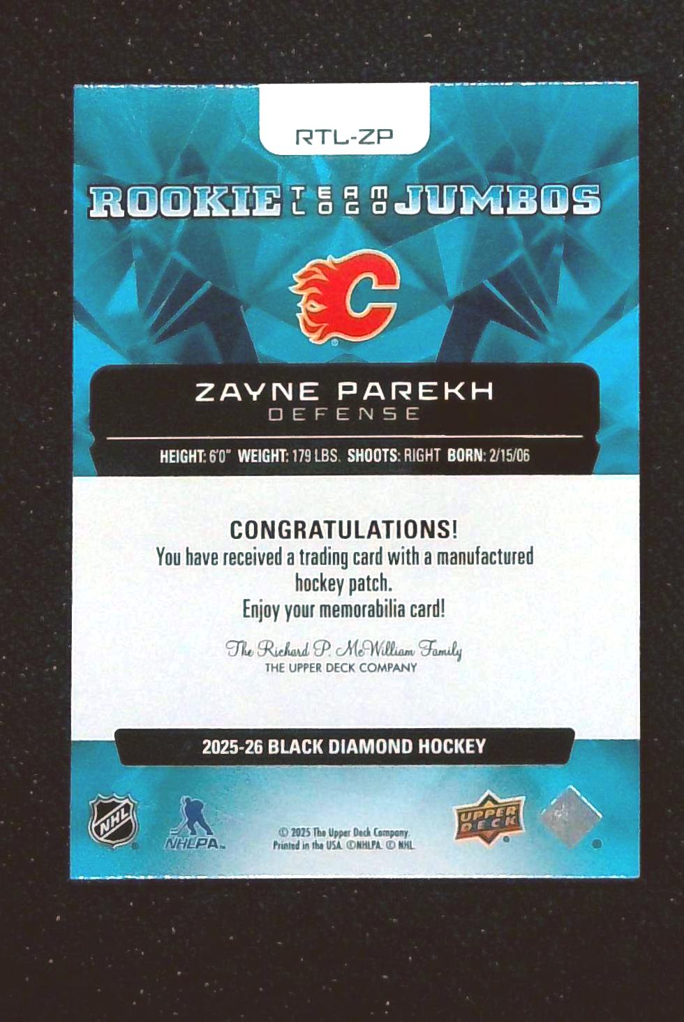 Zayne Parekh 2025-26 Upper Deck Black Diamond - Rookie Team Logo Jumbos #RTL-ZP