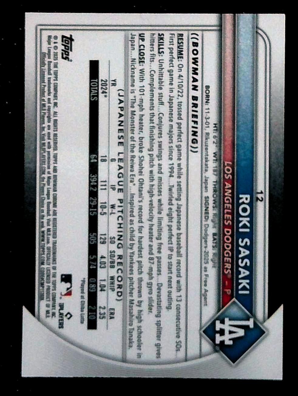 2025 Bowman Chrome Roki Sasaki Blue Wave Rookie Refractor /150 Dodgers