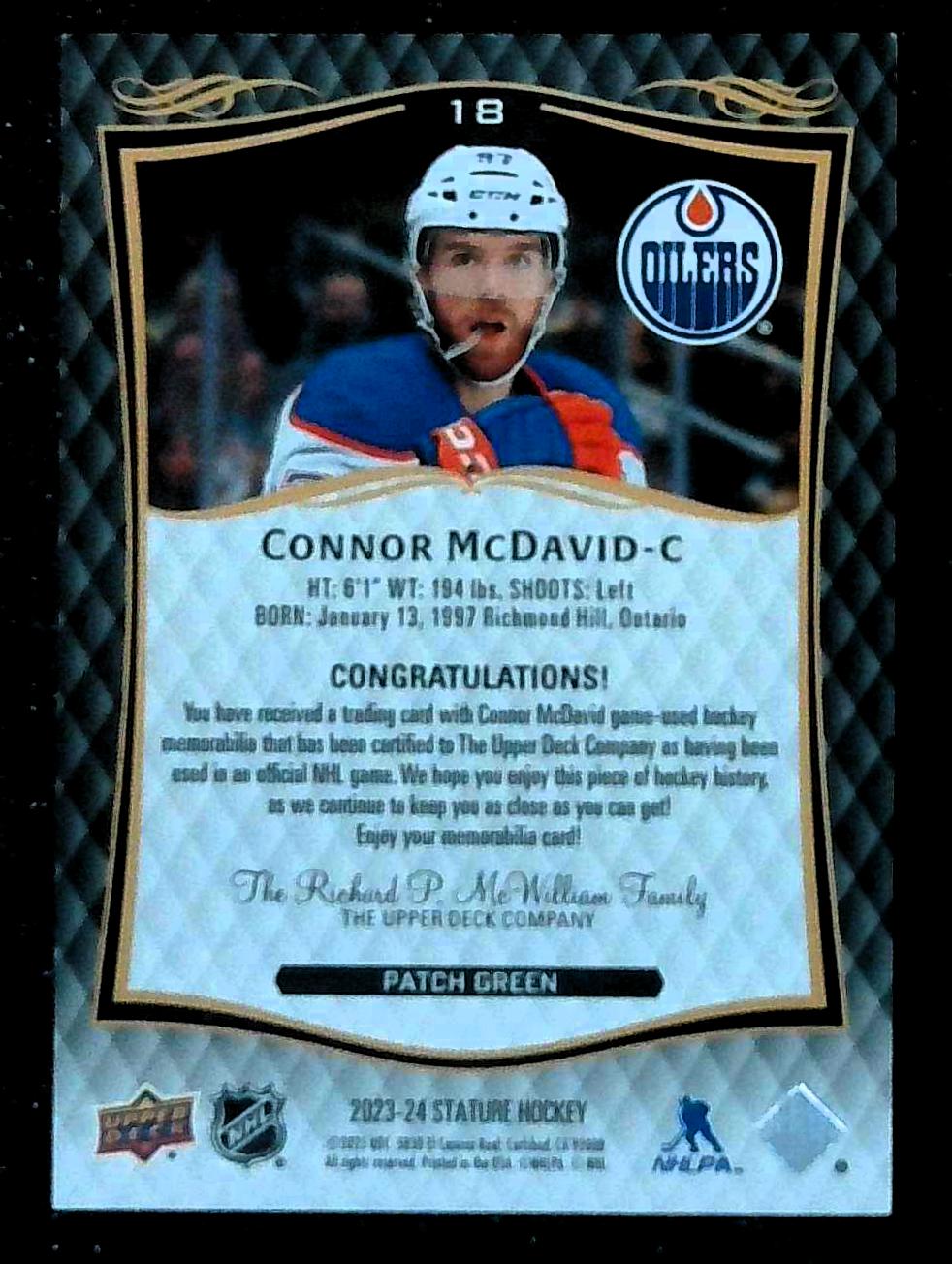 2023 UPPER DECK STATURE CONNOR MCDAVID GREEN PATCH /35