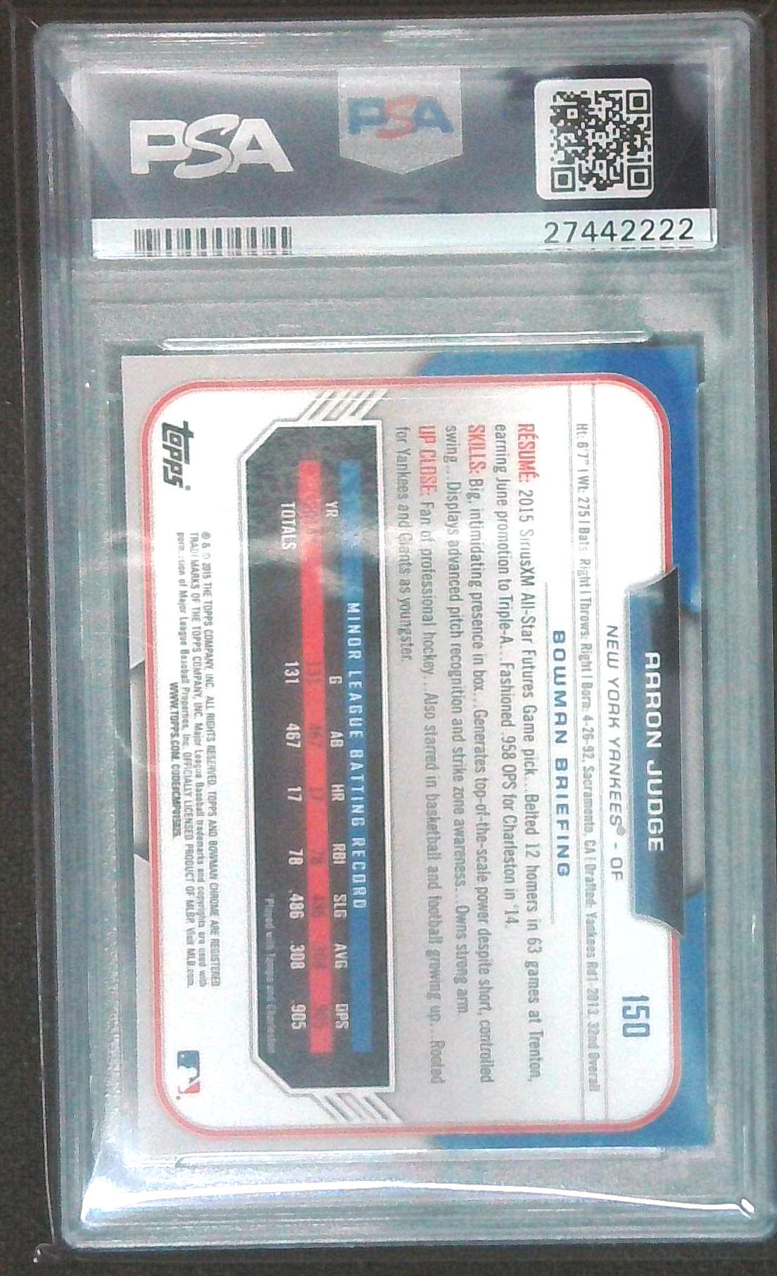 2015 Bowman Draft Aaron Judge #150 PSA 10 Asia Black Refractor Pre Rookie NYY