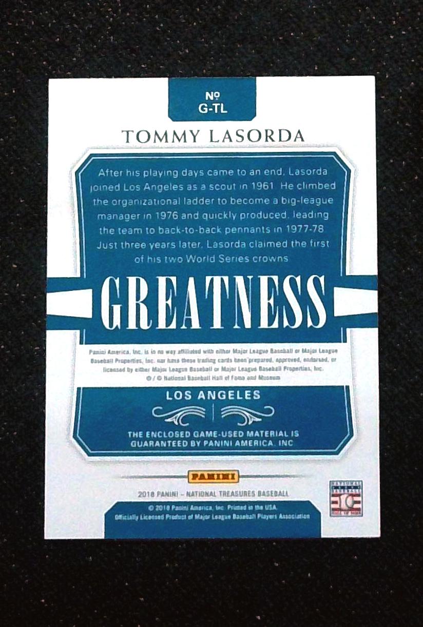 2018 Panini National Treasures Tommy Lasorda G-TL Greatness Patch /25 Dodgers