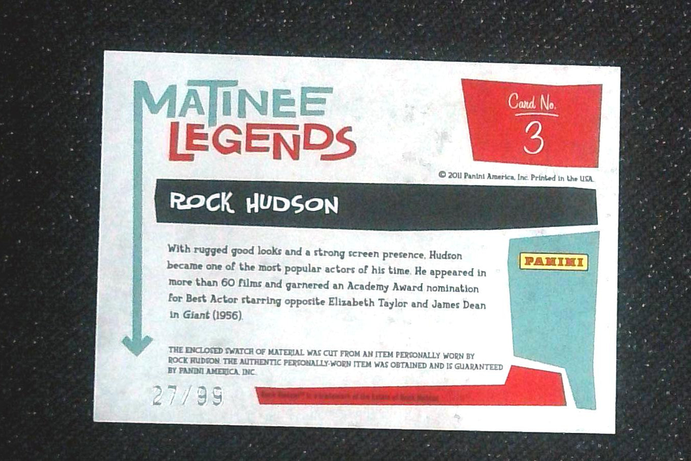 2011 Donruss Americana ROCK HUDSON #3 Matinee Legends Worn Relic /99 Pillow Talk