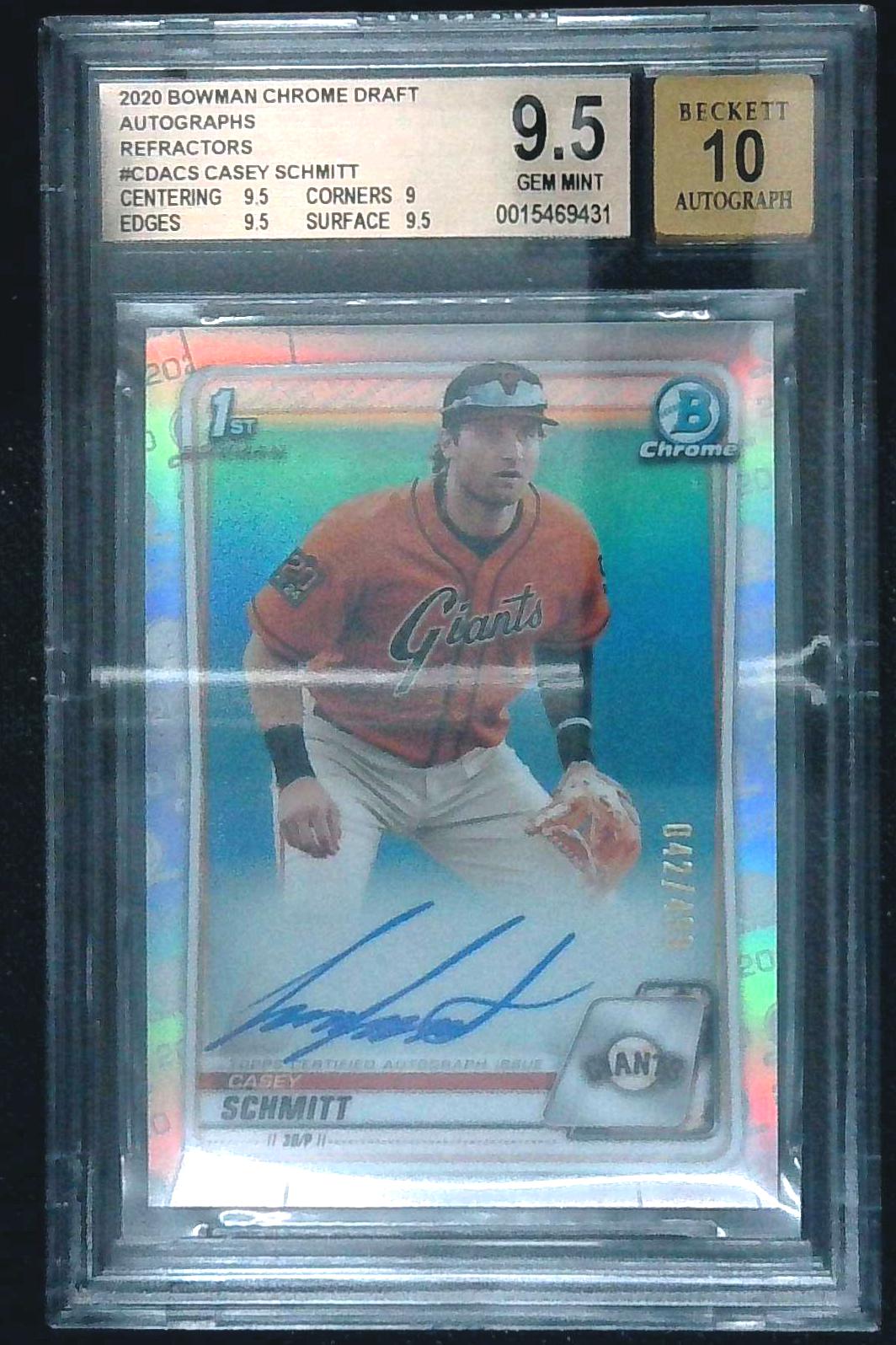 2020 Bowman Chrome Draft CASEY SCHMITT AUTO Refractor /499 BGS 9.5
