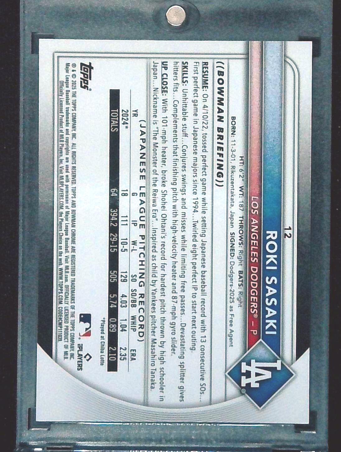 Roki Sasaki 2025 Topps Bowman Chrome Aqua Mojo Refractor Rookie /299 #12 Dodgers