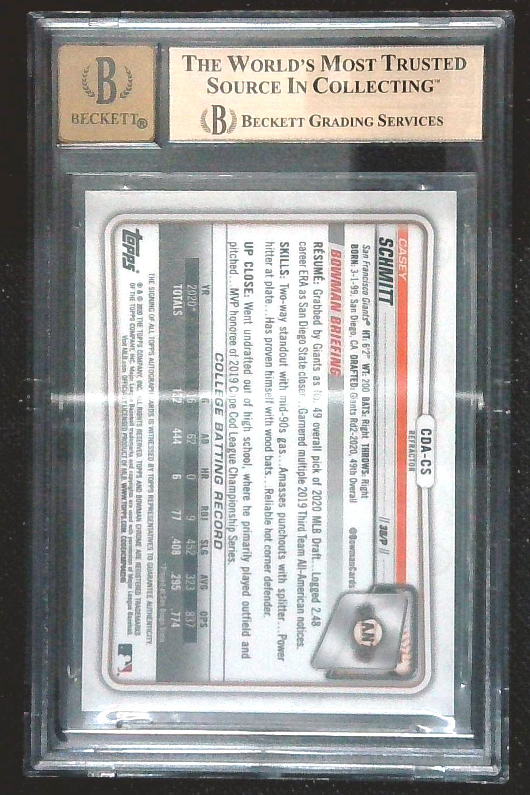 2020 Bowman Chrome Draft CASEY SCHMITT AUTO Refractor /499 BGS 9.5