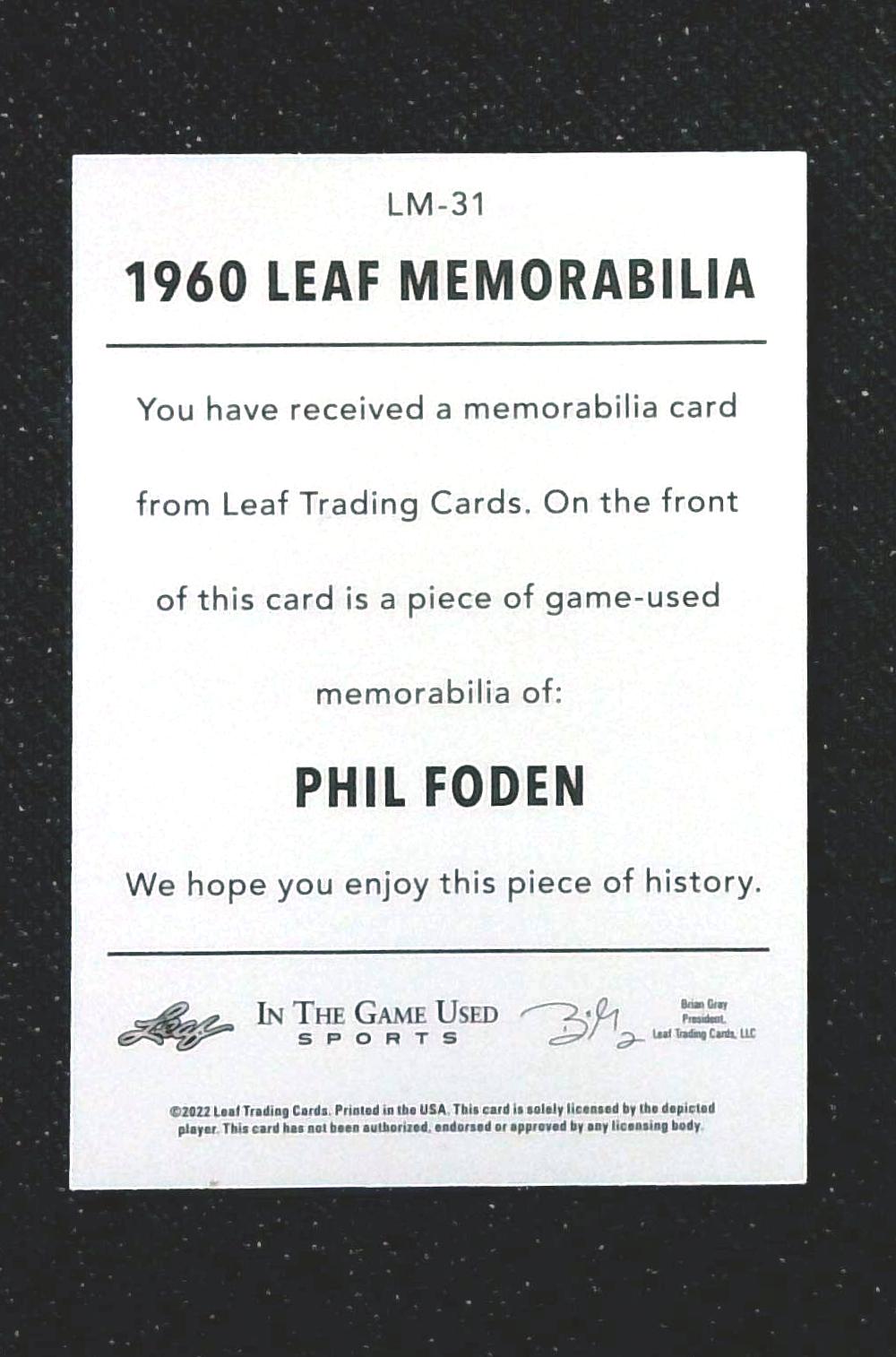 2022 Leaf In The Game Used Phil Foden Relic /35