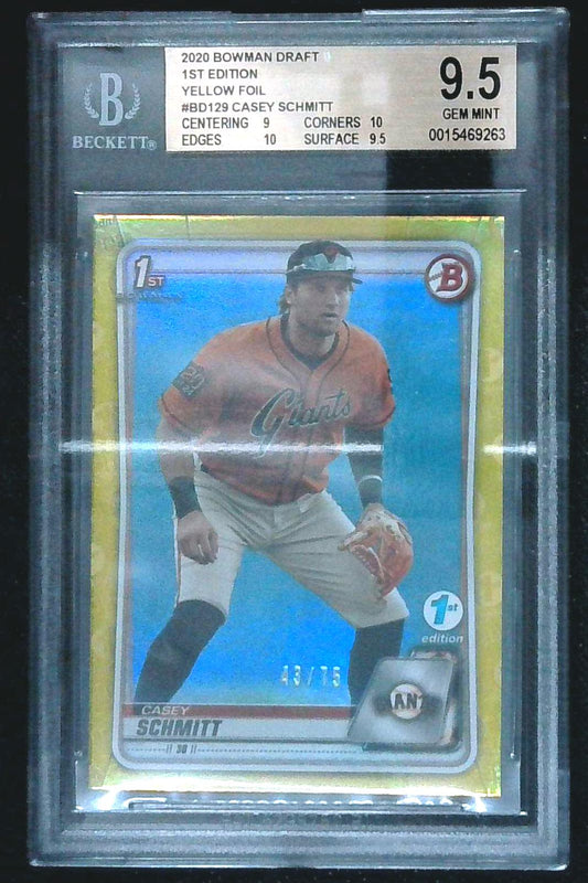 2020 Bowman 1st Edition Casey Schmitt RC Yellow Foil /75 Giants BGS 9.5