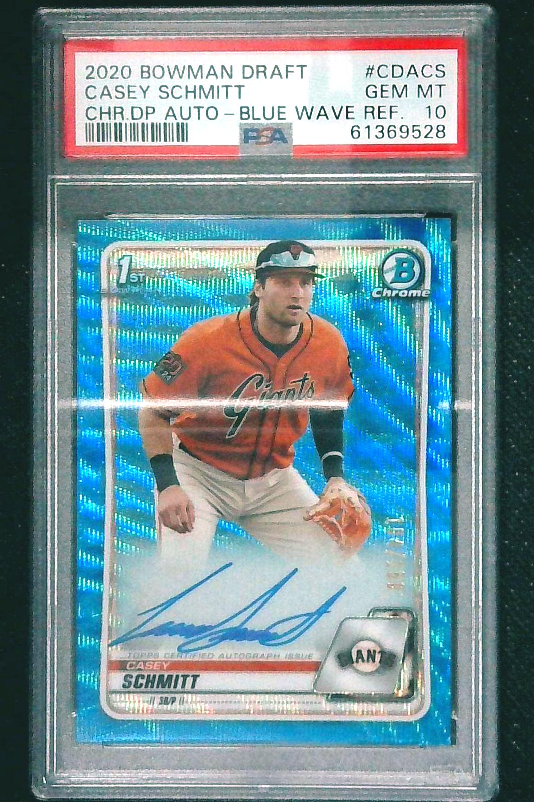 2020 BOWMAN DRAFT CHROME CASEY SCHMITT AUTO BLUE WAVE /150 PSA 10.