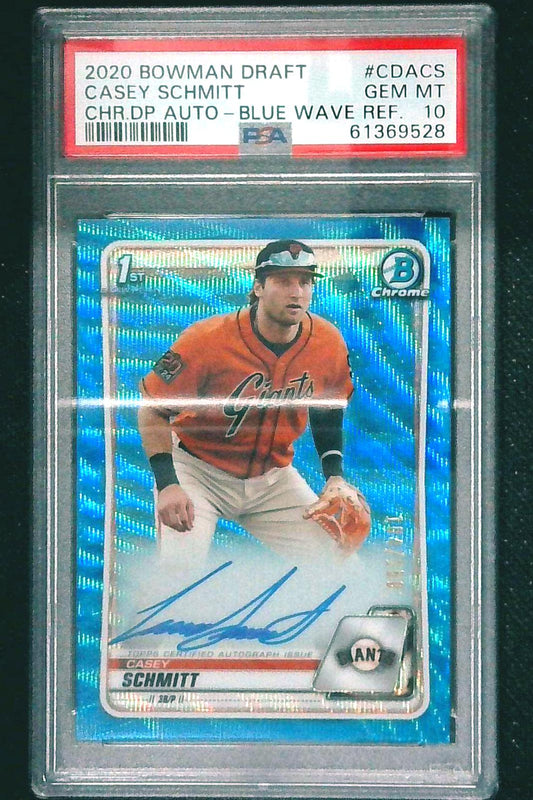 2020 BOWMAN DRAFT CHROME CASEY SCHMITT AUTO BLUE WAVE /150 PSA 10.