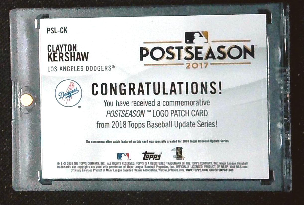 2018 Topps Update Clayton Kershaw Postseason 2017 Commemorative Patch