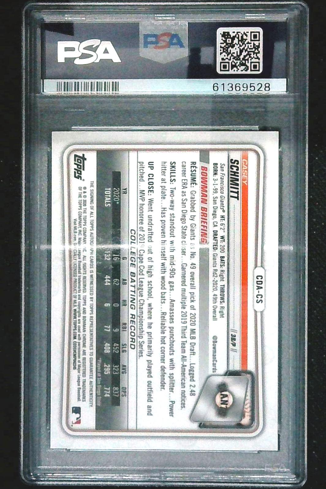 2020 BOWMAN DRAFT CHROME CASEY SCHMITT AUTO BLUE WAVE /150 PSA 10.
