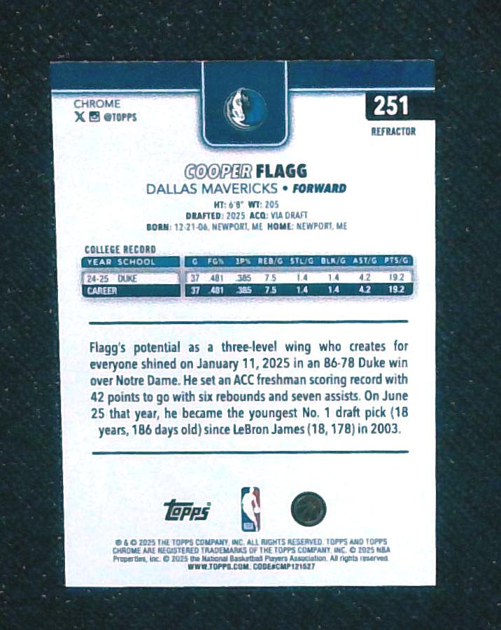 2025-26 Topps Chrome - Cooper Flagg #251 Refractor (RC)