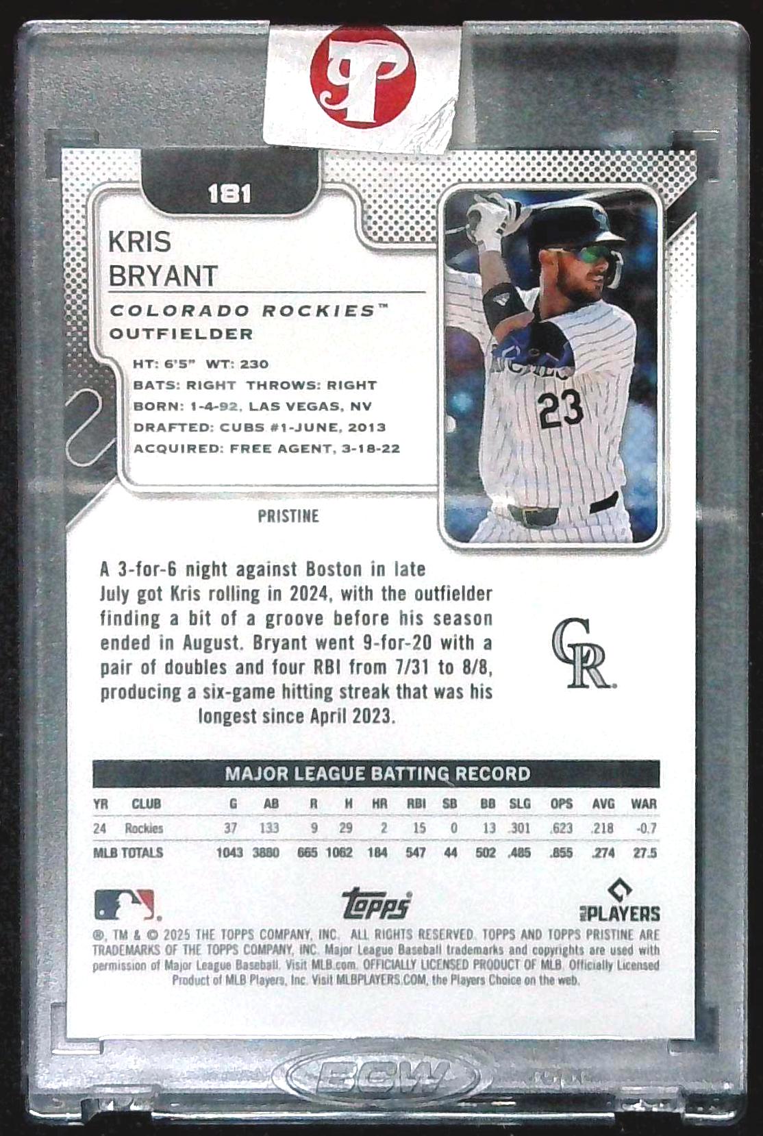 Kris Bryant 2025 Topps Pristine #181 ORANGE REFRACTOR /25 - ROCKIES