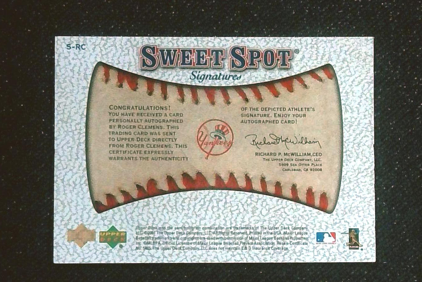 2001 Upper Deck Sweet Spot Signatures Roger Clemens Auto