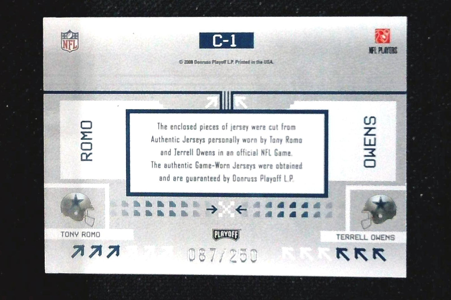 Tony Romo Terrell Owens 2008 Playoff Prestige Connections Materials MEM /250