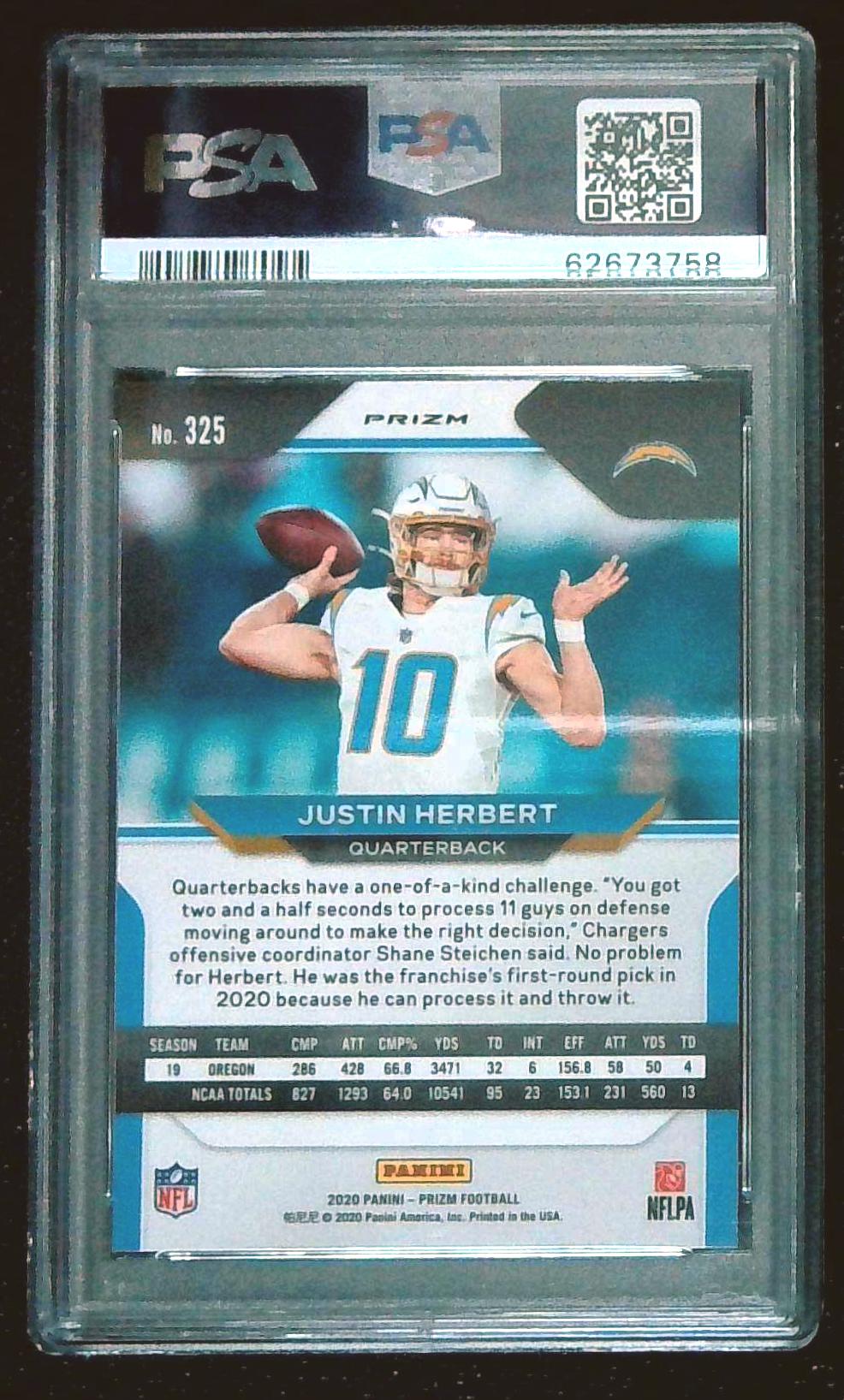 2020 Panini Prizm Justin Herbert Green Prizm #325 PSA 9
