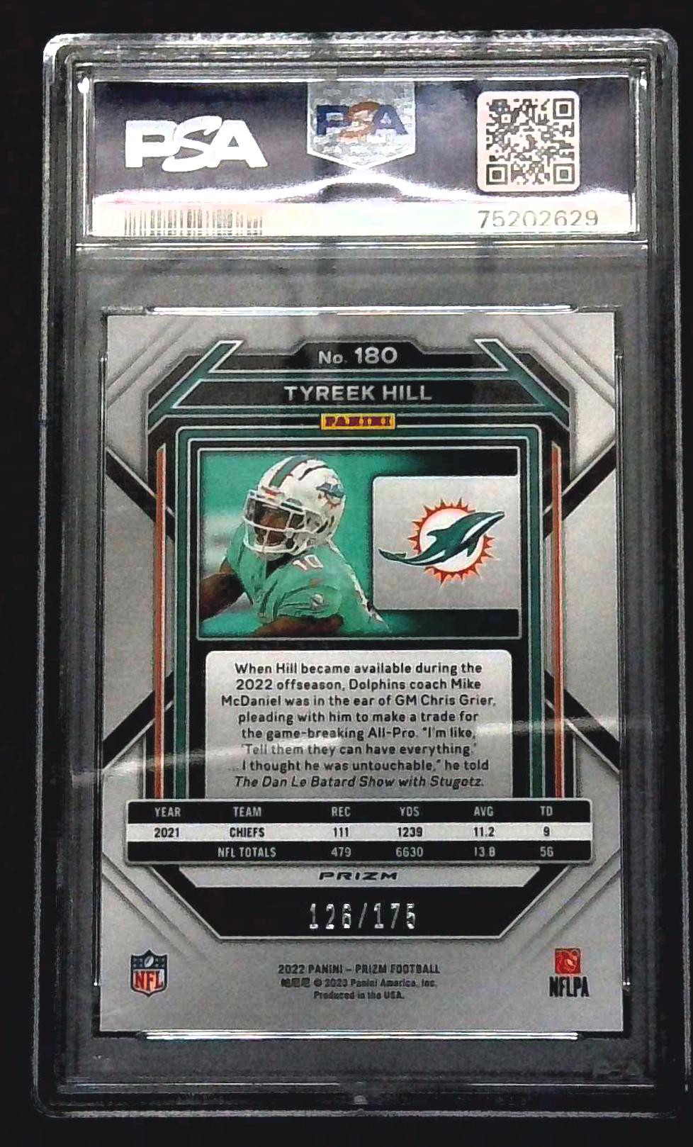 2022 PANINI PRIZM 180 TYREEK HILL HYPER PRIZM /175 MIAMI DOLPHINS PSA 9 MINT