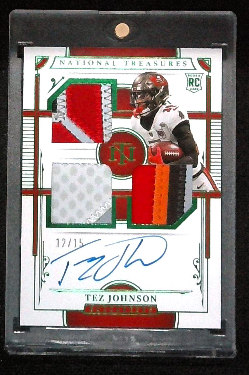 TEZ JOHNSON 2025 NATIONAL TREASURES RPA ROOKIE TRIPLE PATCH RC AUTO /15
