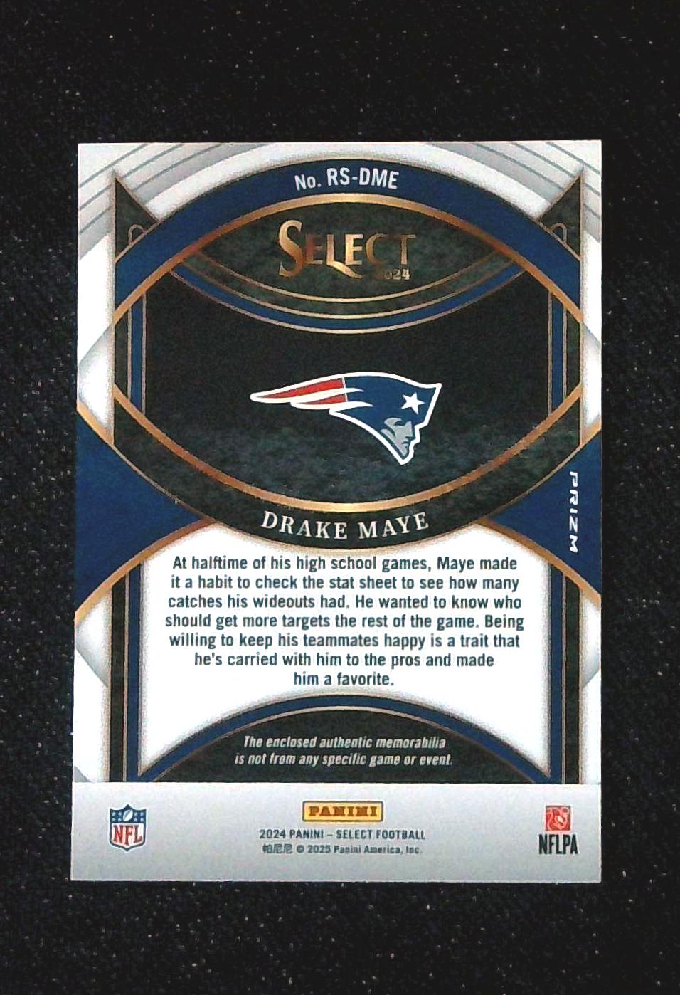 Drake Maye 2024 Panini Select Red Prizm Rookie Card Jersey Patch Card. RS-DME