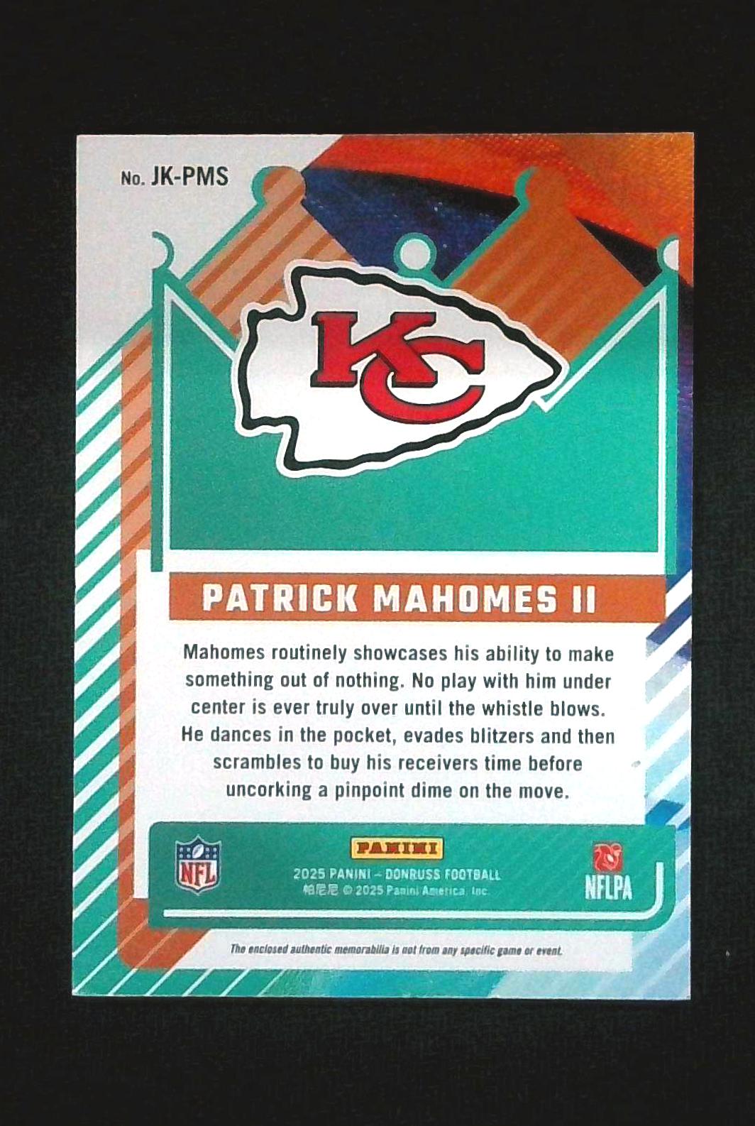 PATRICK MAHOMES II 2025 DONRUSS JERSEY KINGS PATCH /100 No. JK-PMS