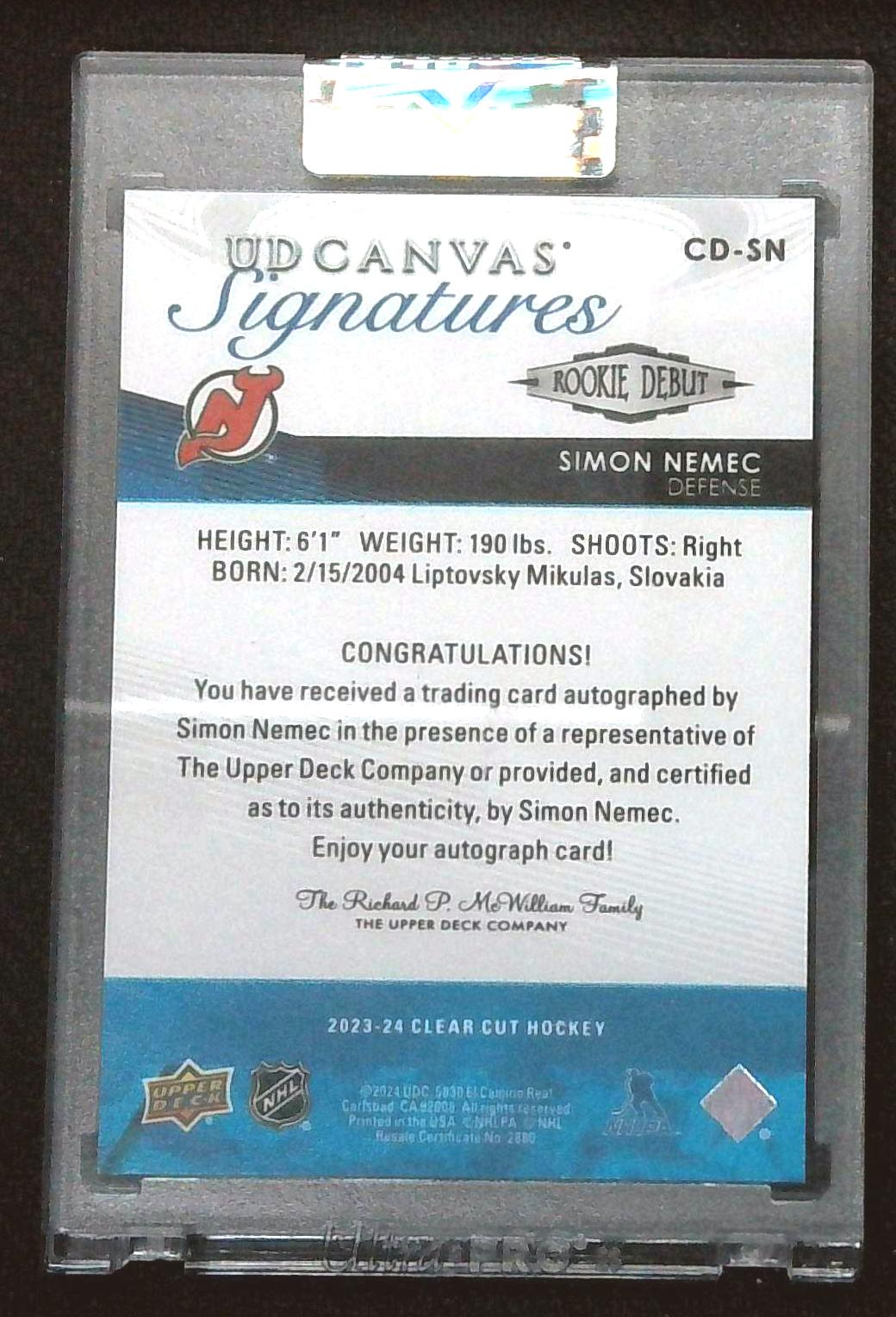 2023-24 Upper Deck Clear Cut Canvas Signatures Auto Simon Nemec Rookie Debut /25