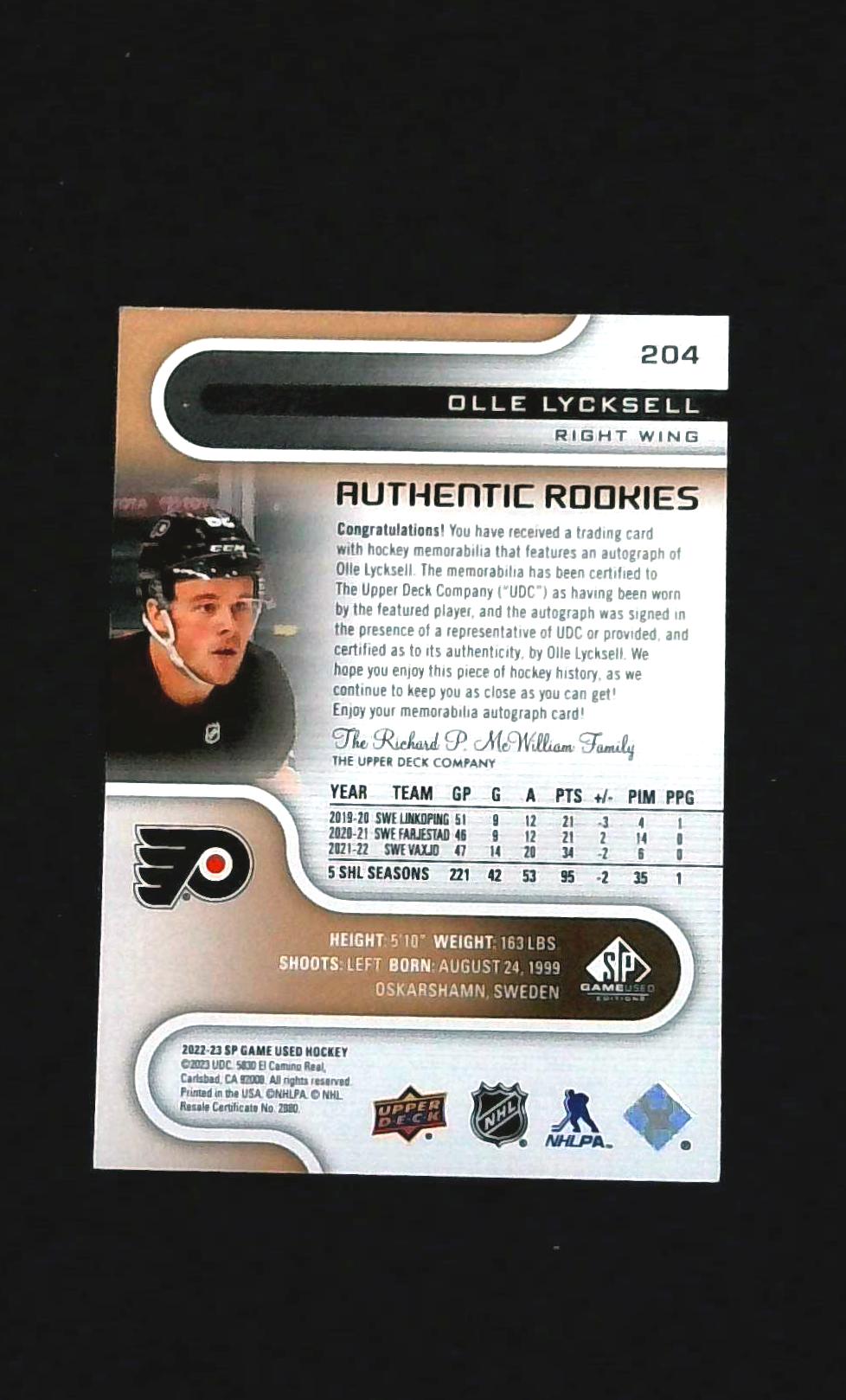 2022-23 SP Game Used Jersey Auto Gold Relic #204 Olle Lycksell /49