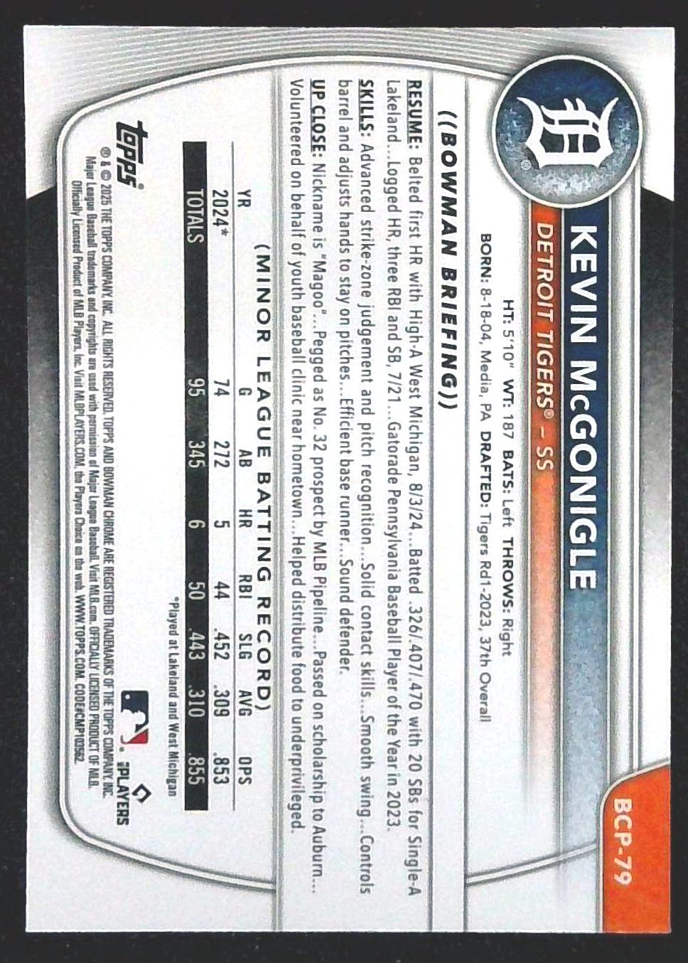 2025 Bowman Chrome Mega Mojo Refractor #bcp-79 Kevin Mcgonigle 1st Bowman Tigers
