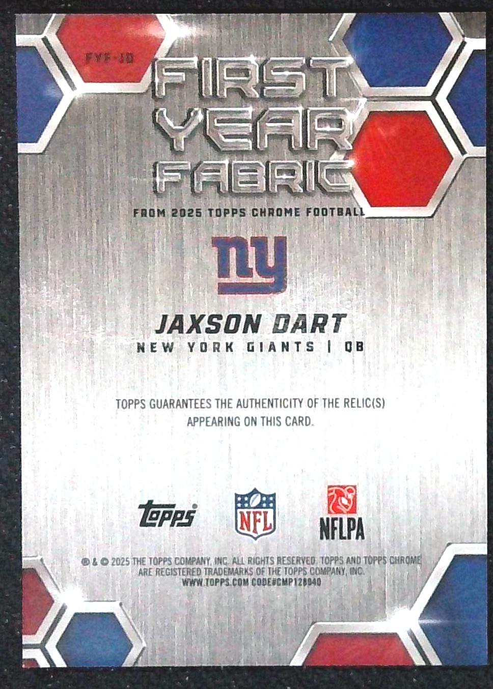 2025 Topps Chrome Jaxson Dart #FYF-JD First Year Fabric Rookie Patch RC