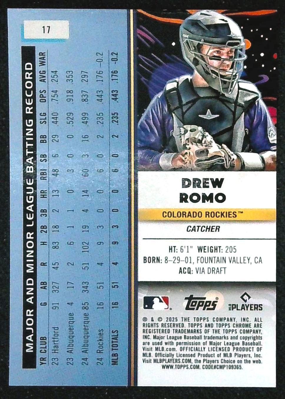 2025 Topps Chrome Cosmic Drew Romo /25 Orange Rookie #17 Rockies