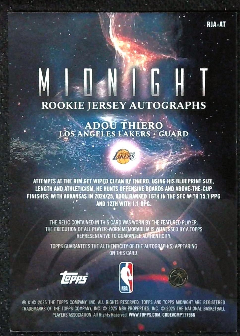 2025-26 Topps Midnight Adou Thiero Rookie RC Jersey Patch Auto #RJA-AT Lakers