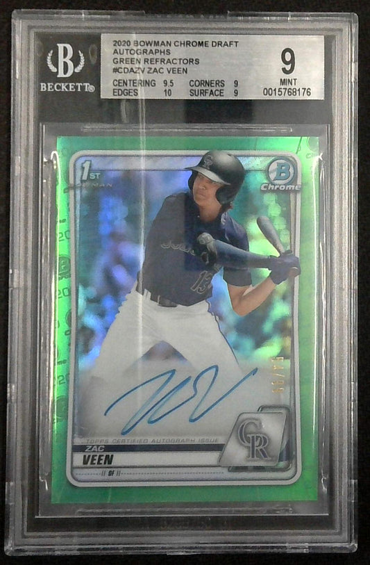 2020 Bowman Chrome ZAC VEEN 1st BOWMAN AUTO /99 BGS 9 Green Refractor Rockies