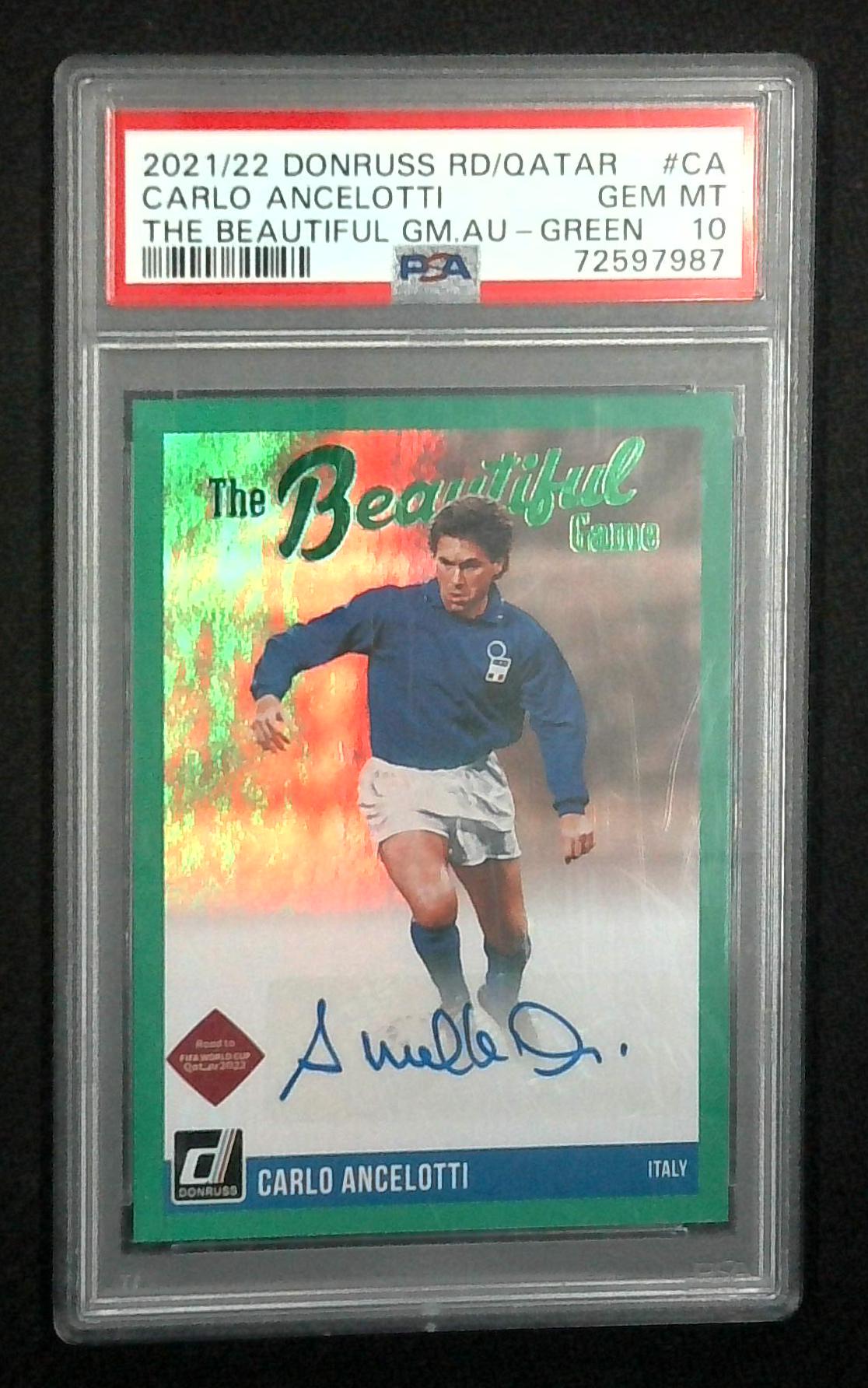 2021-22 Donruss Carlo Ancelotti Italy Beautiful Game Green Auto PSA 10