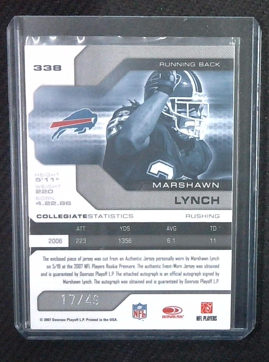 2007 LEAF LIMITED MARSHAWN LYNCH RC RPA AUTOGRAPH DUAL PRIME PATCH #'d 17/49