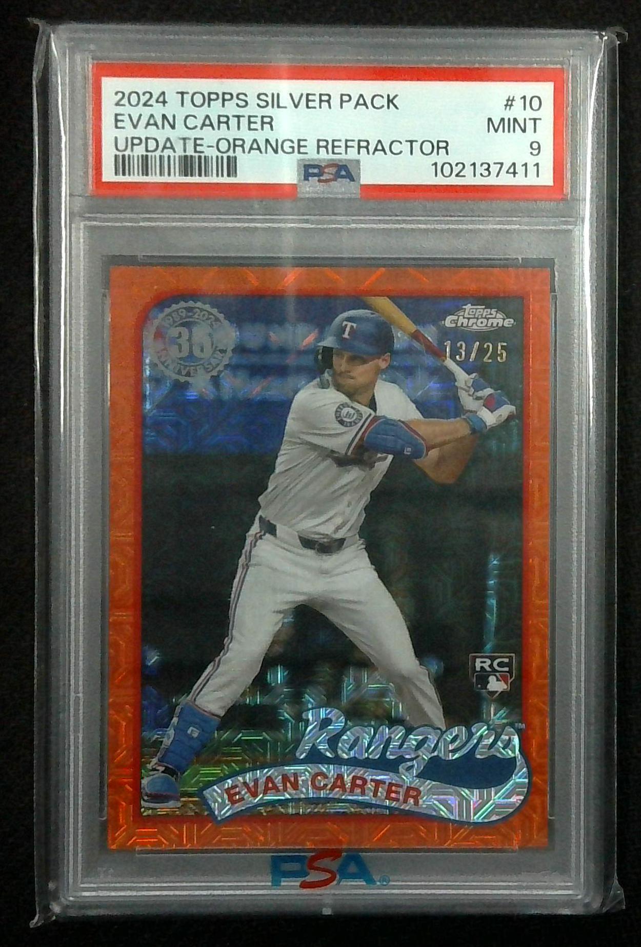 2024 Topps Update EVAN CARTER RC Silver Pack Orange Mojo Refractor /25 Rangers PSA 9