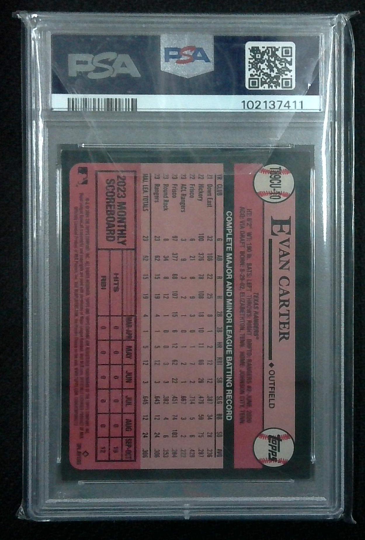 2024 Topps Update EVAN CARTER RC Silver Pack Orange Mojo Refractor /25 Rangers PSA 9