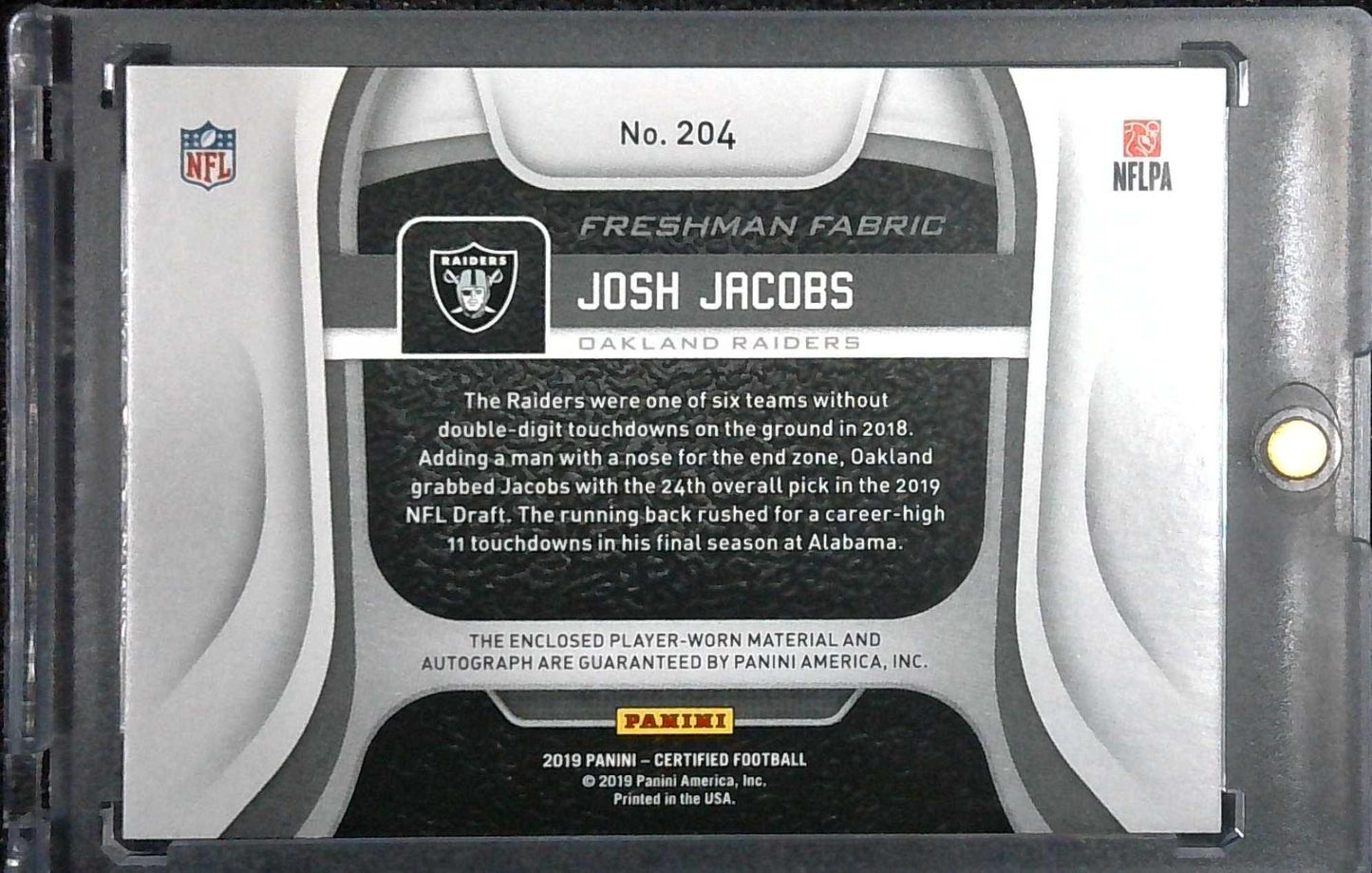 2019 Certified Freshman Fabric Signatures Mirror /49 Josh Jacobs Rookie Patch Auto