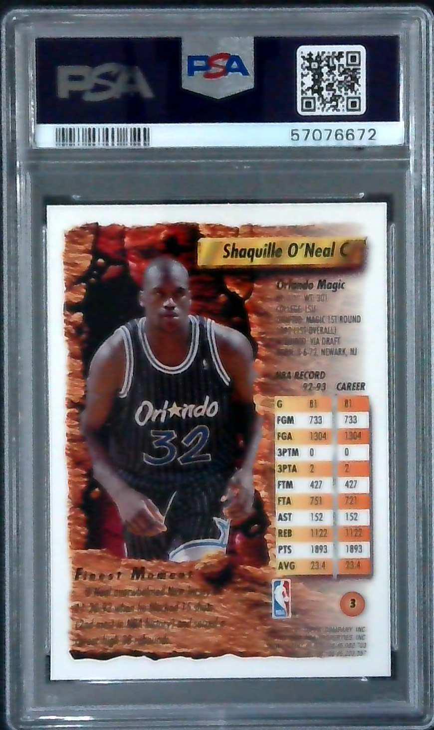 1993-94 Topps Finest Shaquille O'Neal #3 PSA 8 Magic